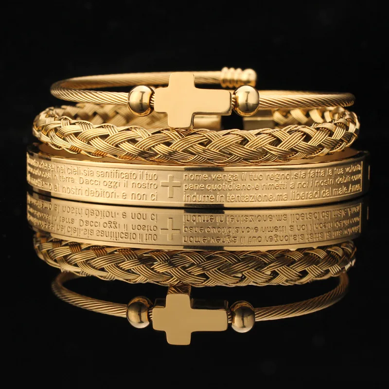 

Classic Gold Plated Cross Stainless Steel Charm Cuff Bangles Multiple Braided Sporty Men Women Bracelets Pulsera