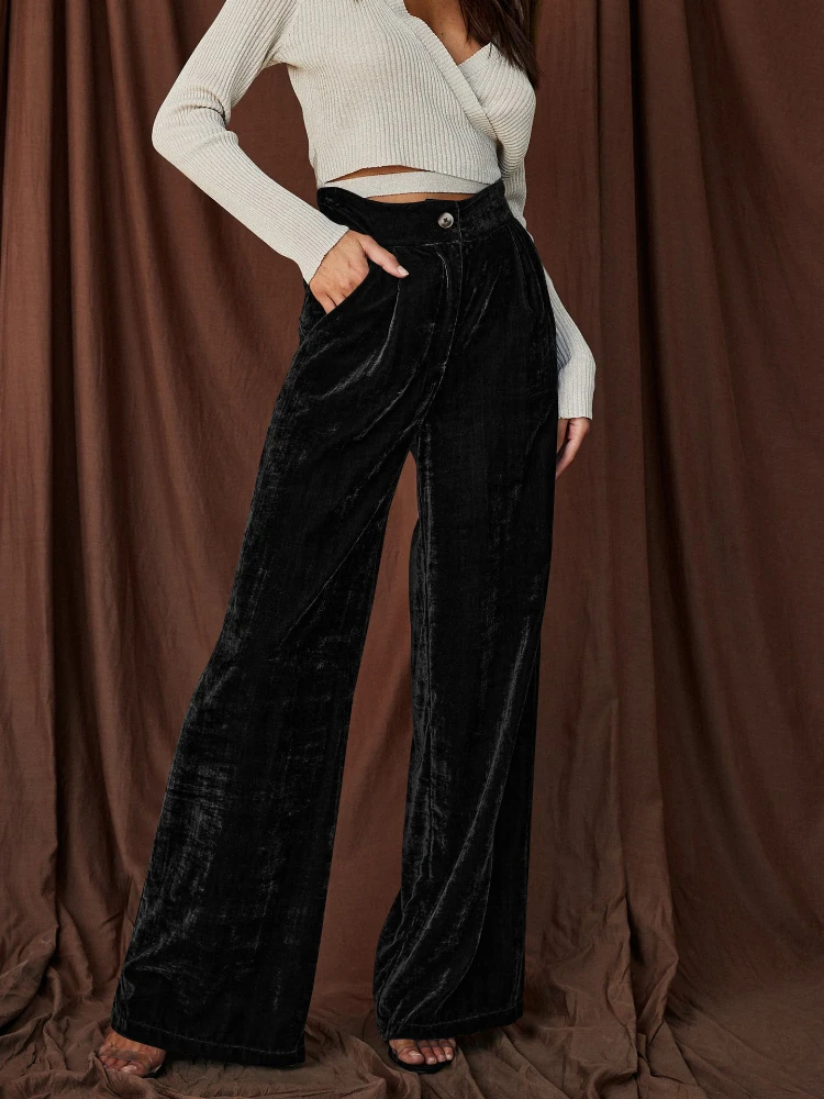 2024 New Golden Velvet Wide Leg Pants Women Spring Korean Fashion High Waist Trousers Y2k Casual Velour Pants Spodnie Damskie