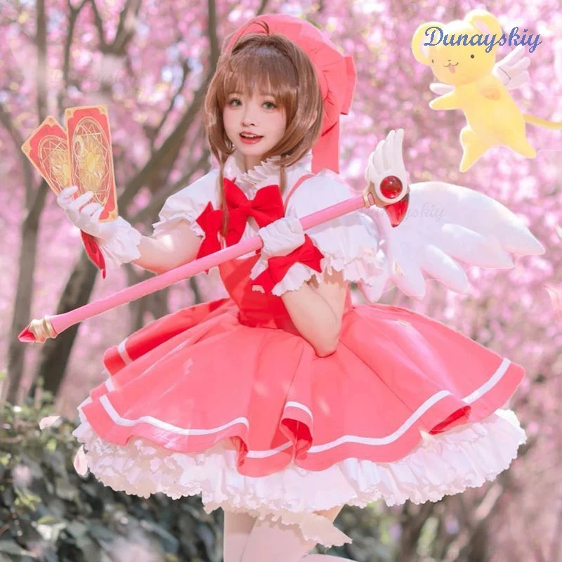 

Cardcaptor Sakura Card Captor Cosplay Kinomoto Sakura Cosplay Costume Wig Cane Pink Lolita Dress Halloween Fancy Cos Party Suit
