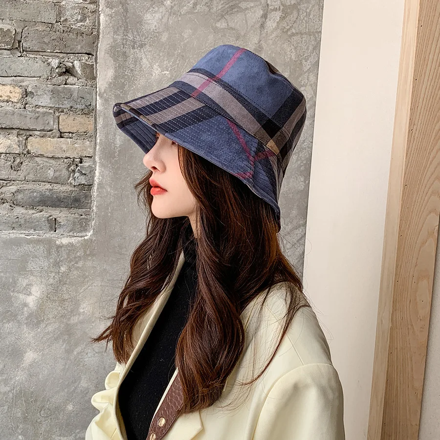 Women Sun Hat Fishing Sun Hat Plaid Colourful Fisherman's Hat Women Korean Suede Basin Hat Casual Foldable Warm Fashionable Soft 56-58cm