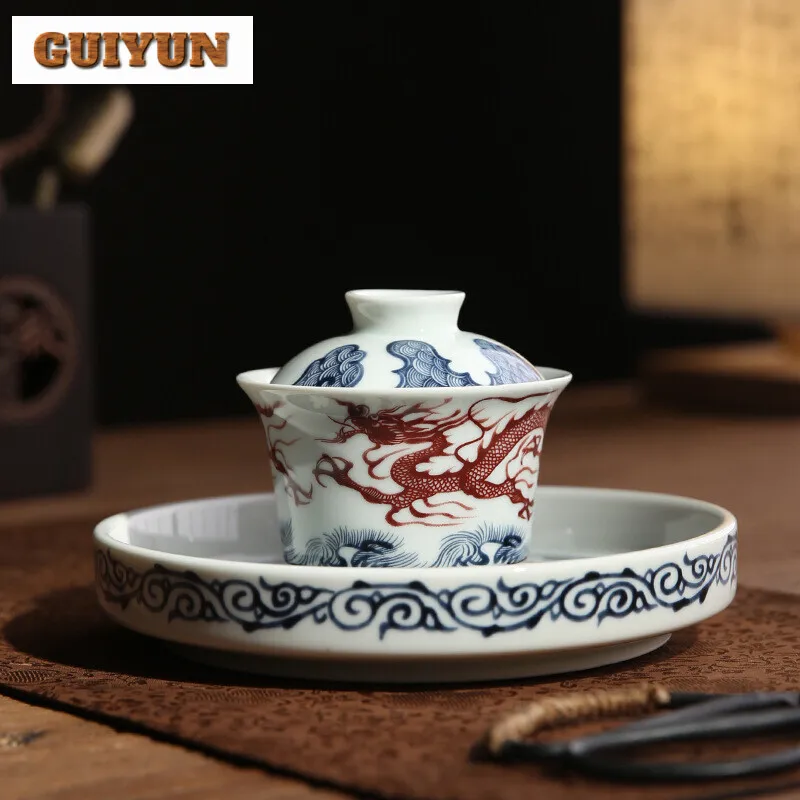 110ml Jingdezhen Blue and White Porcelain Egret Lotus Gaiwan Antique Tea Tureen Household Tea Making Cover Bowl Drinkware Craft