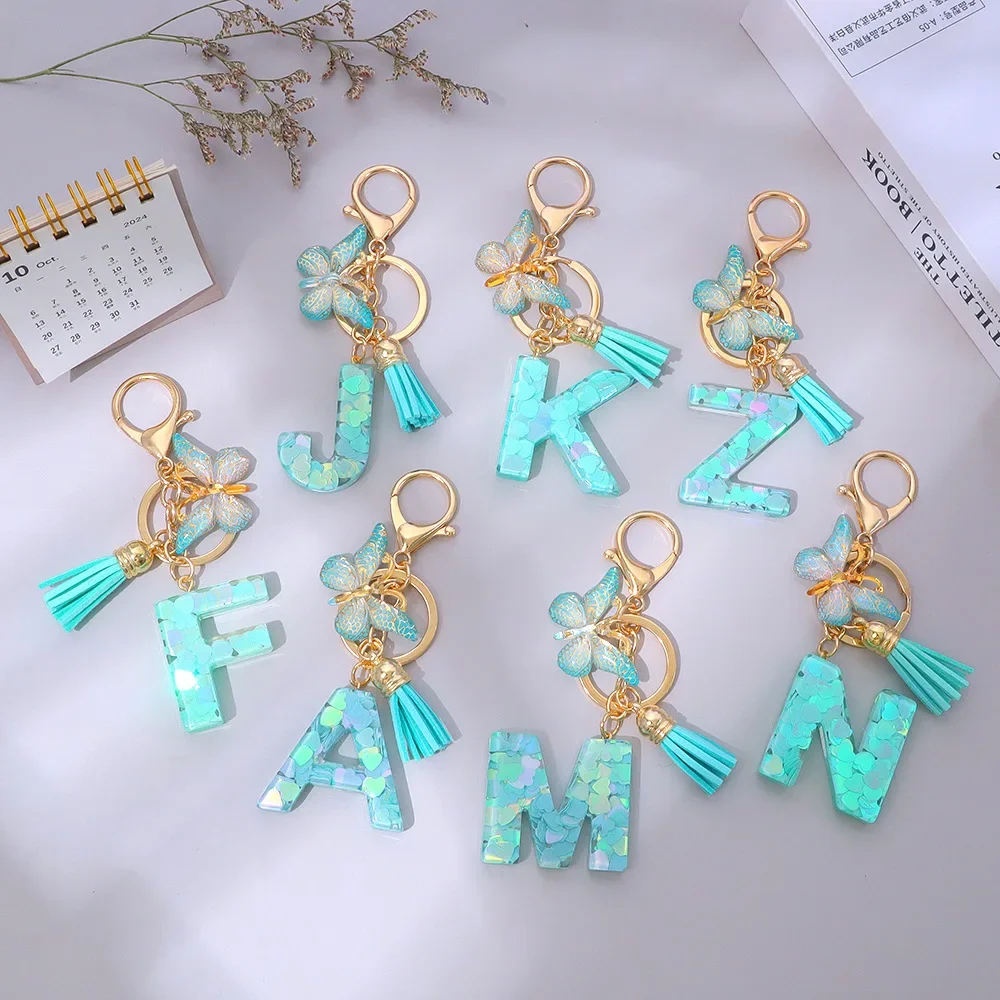 Glitter Letter A To M Keychain Fashion Green Heart Alphabet Butterfly Tassel Pendant Bag Keyring Women Gift Accessories