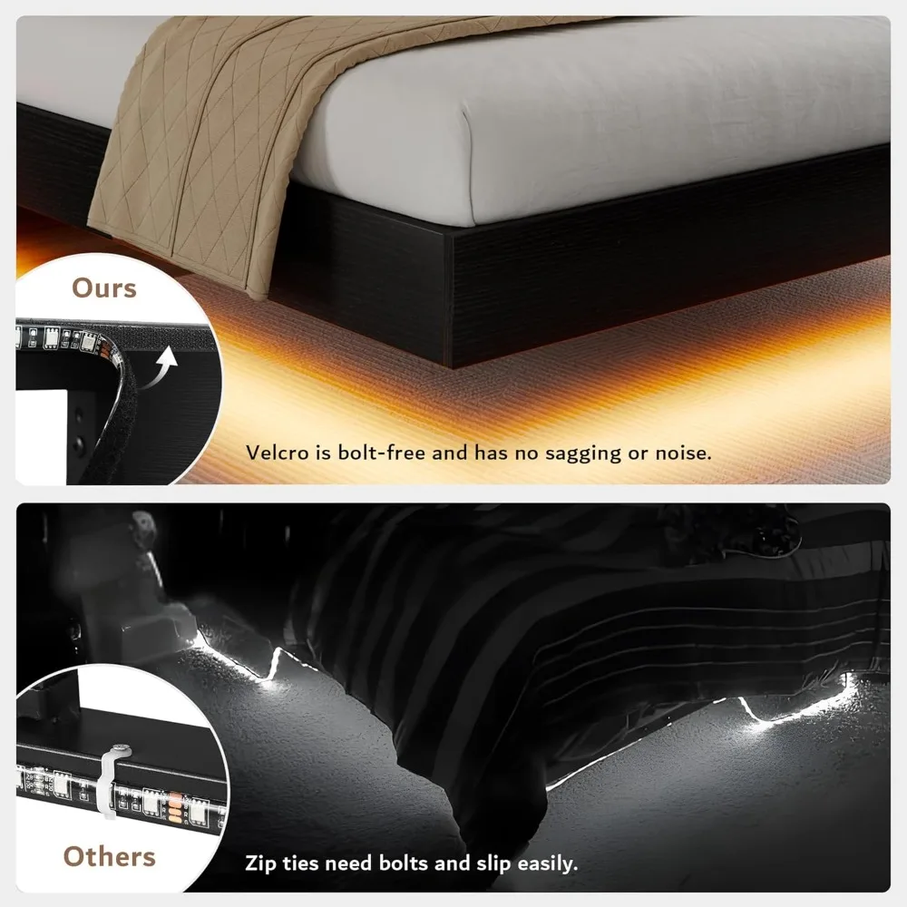 King Size Floating Bed Frame with LED Headboard and Charging Station, Metal Platform Bed Frame with Storage, Remote Control 4