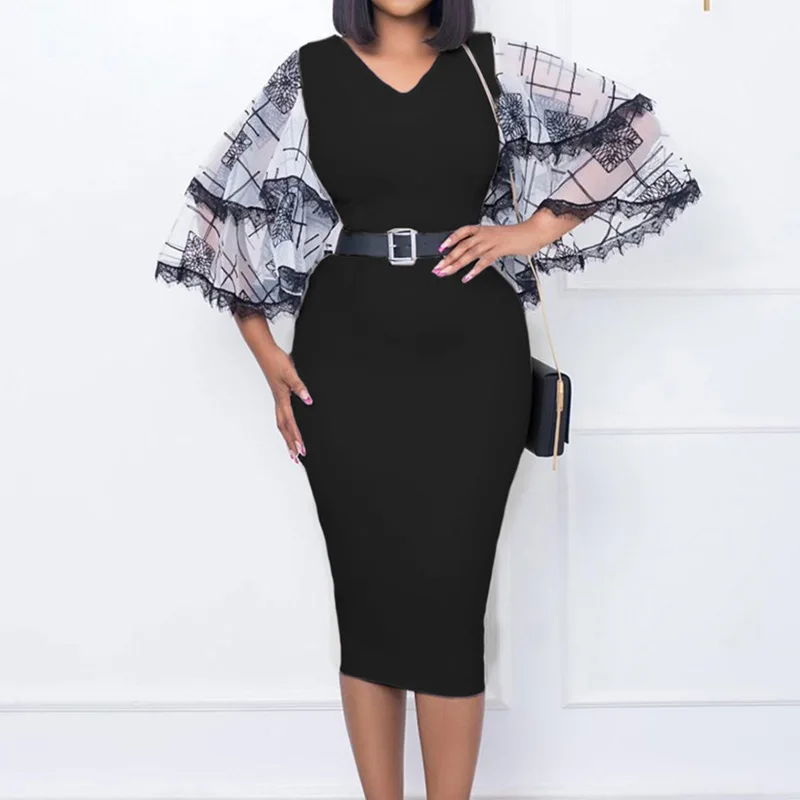 Plus Size Clothes Lady Commute Net Yarn Splicing Flare Three Quarter Sleeve Sashes Slim Autumn V-Neck Bag Hip Elegant Midi Dress