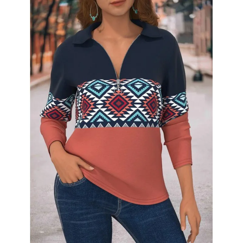 2023 New Autumn and Winter Fashion Zipper Lapel Western Pattern Long Sleeve Temperament Commuter Casual Women's Loose Sweater