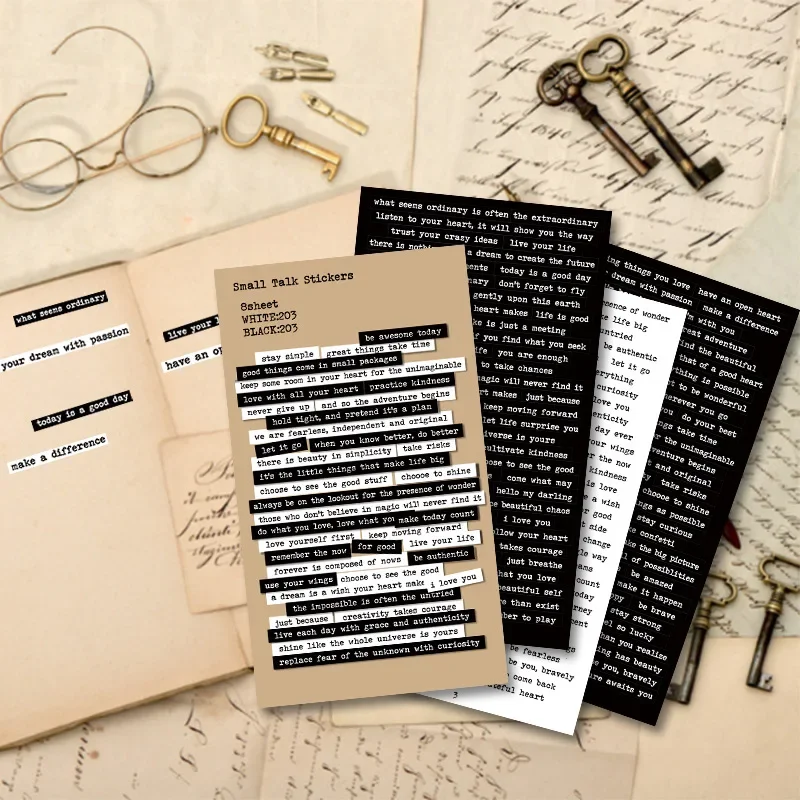 406pcs/lot Vintage Black White Words Phrase Stickers Pack Junk Journal Collage Label DIY Album Scrapbooking Material