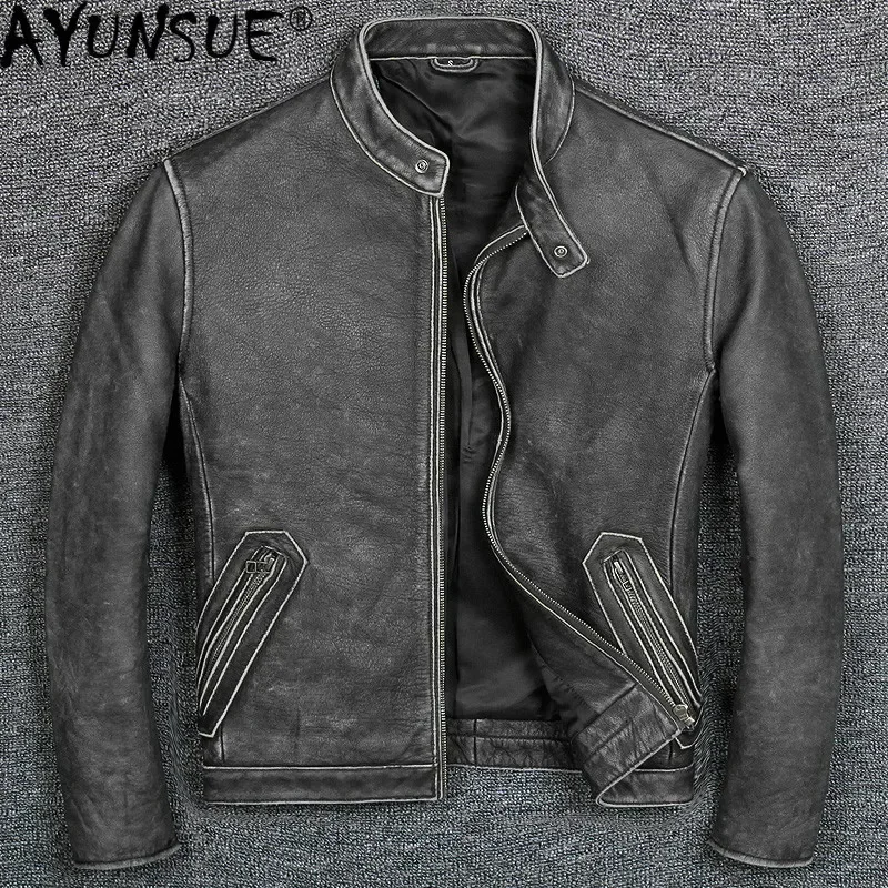 

Real AYUNSUE Jacket Men Motorcycle Genuine Leather Vintage Sheepskin Coat Cowhide Plus Size Chaqueta Cuero Hombre 1805