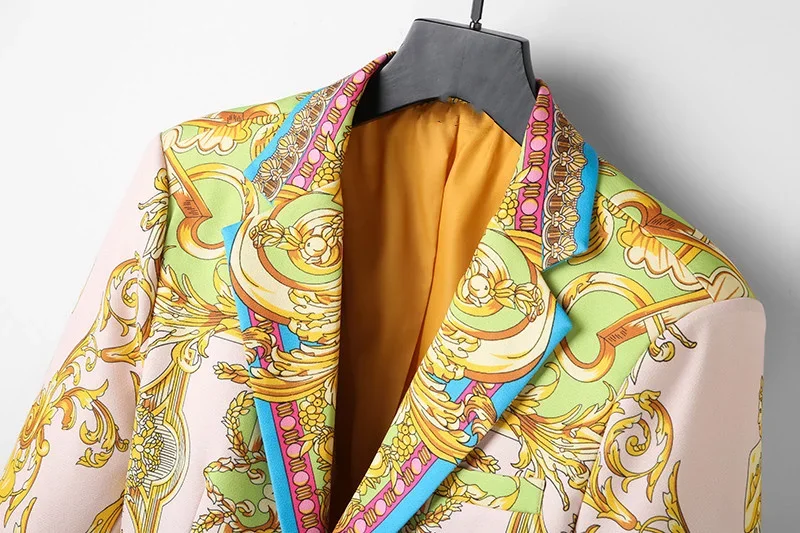 New Luxury Brand Gold Baroque Print Blazer Slim Fit Men Blazer Stage Cloth Social Party Wedding Dress Male Gold Suit Jacket