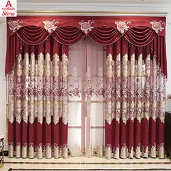 Luxury Red Blackout Curtains for Living Room and Bedroom Embroidery valance luxury window drapes for villa sheer tulle