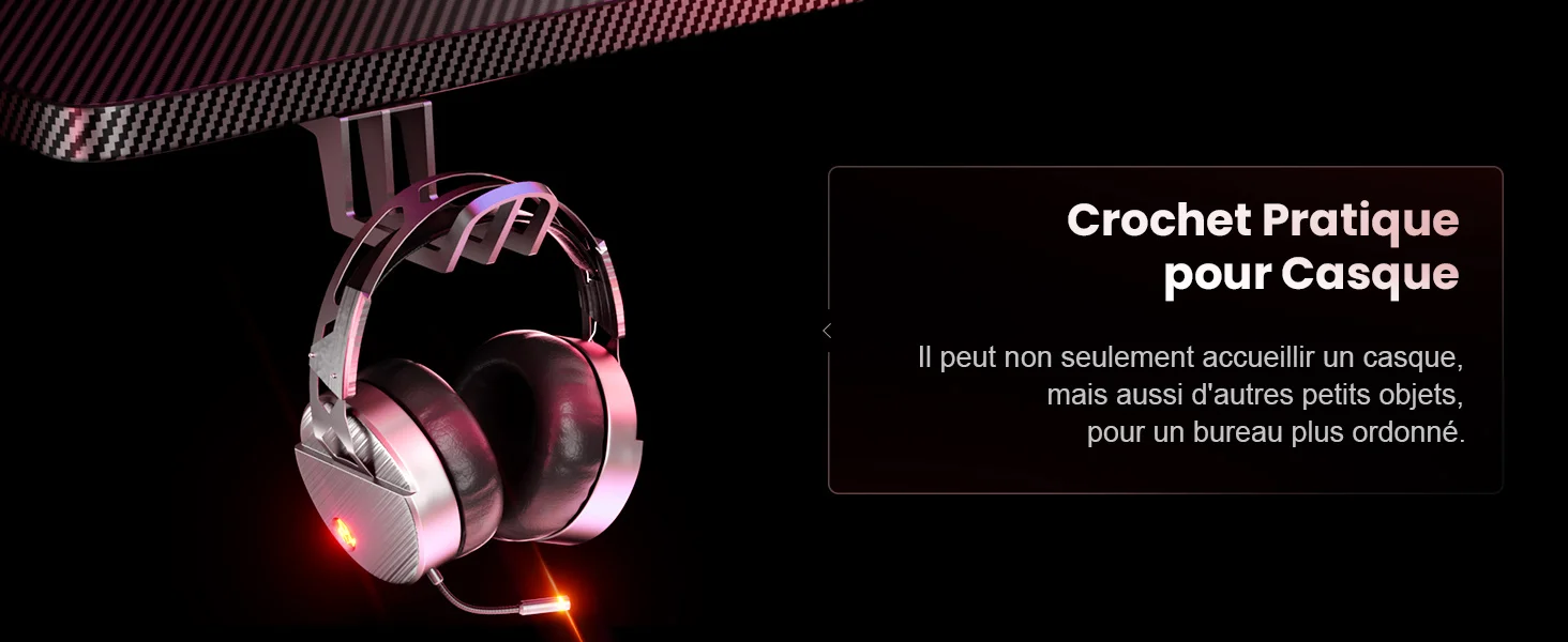 avec éclairage LED suspendu à un crochet. Le texte en français le décrit comme un support pour casque pratique, adapté aux écouteurs et autres petits objets