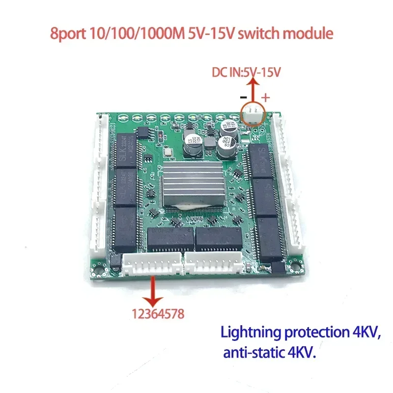 

Mini PCBA 8-портовый сетевой ethernet коммутационный модуль 10/100 Мбит/с 5 в-15 в с защитой от молний 4 кВ, антистатический 4 кВ