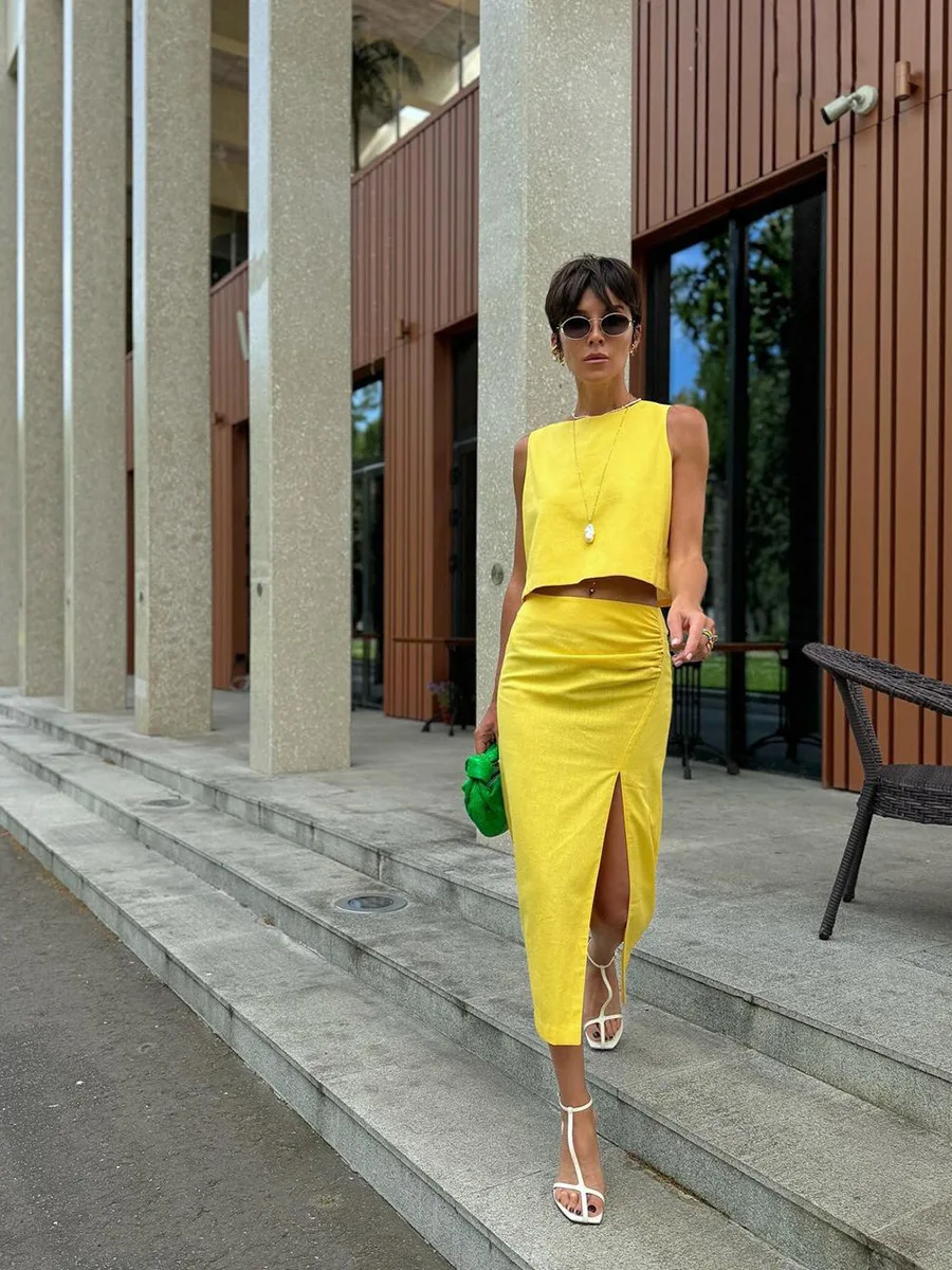 Fashion Female Maxi Skirt Sets High Waist Split Elegant Solid Streetwear Cropped Vest Top And Long Skirt Outfits Women's