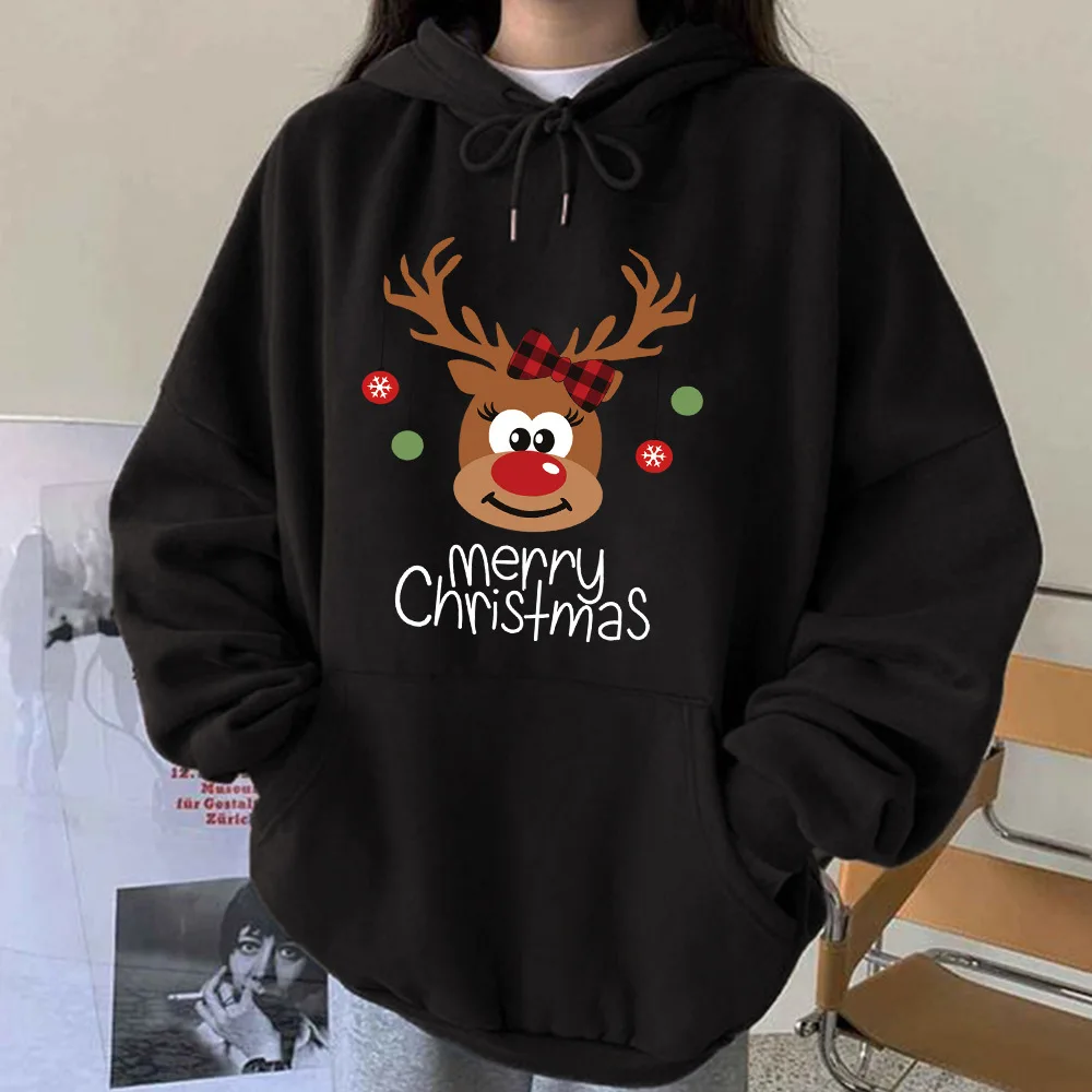 

Свободная Толстовка с длинным рукавом, Женский пуловер с капюшоном, осенне-зимний пуловер с капюшоном и головой рождественского оленя, пуловер с капюшоном