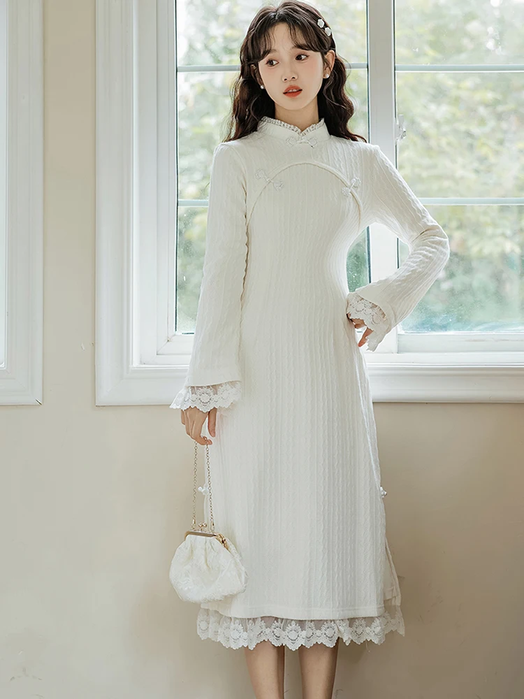 

White Patchwork Lace Casual Long Dress for Women 2023 Korean Style One Piece Dress Autumn Winter Elegant Bodycon New in Dresses