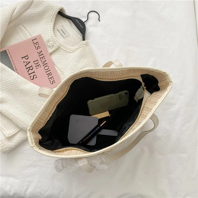 Borsa tote in paglia intrecciata con ricamo floreale e dettaglio fiocco in pizzo, perfetta per il pendolarismo quotidiano, gite in spiaggia e shopping - immagine 4