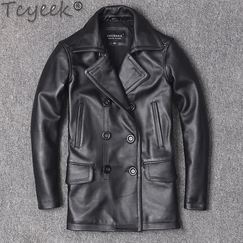 Tcyeek2023CowLeatherCoatsMaleMidlongLapelTrenchCoatFashion