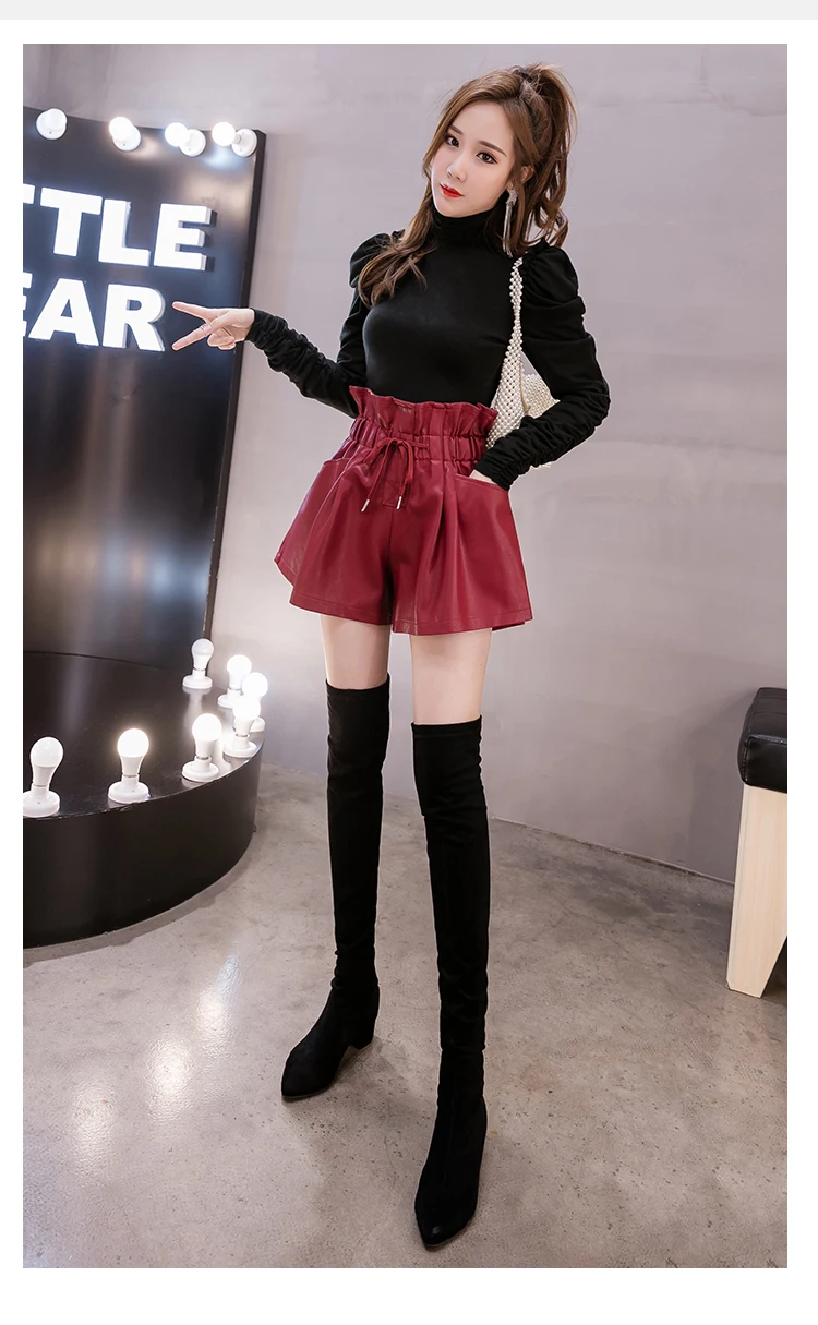 PU Leather Women Shorts 2021 Fall Winter Wide Leg Faux Leather Shorts Elastic High Waist Pockets Female Korean Style Short Mujer womens clothing