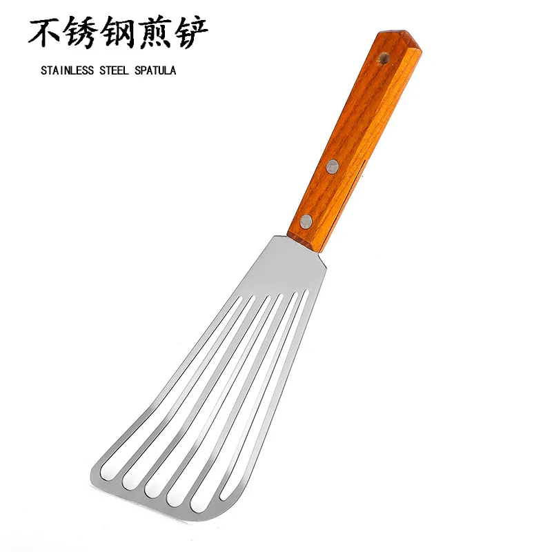 Stainless Steel Cooking Spatula With Wooden Handle Steak Frying Spatula Drain Kitchen Tools Fish Frying
