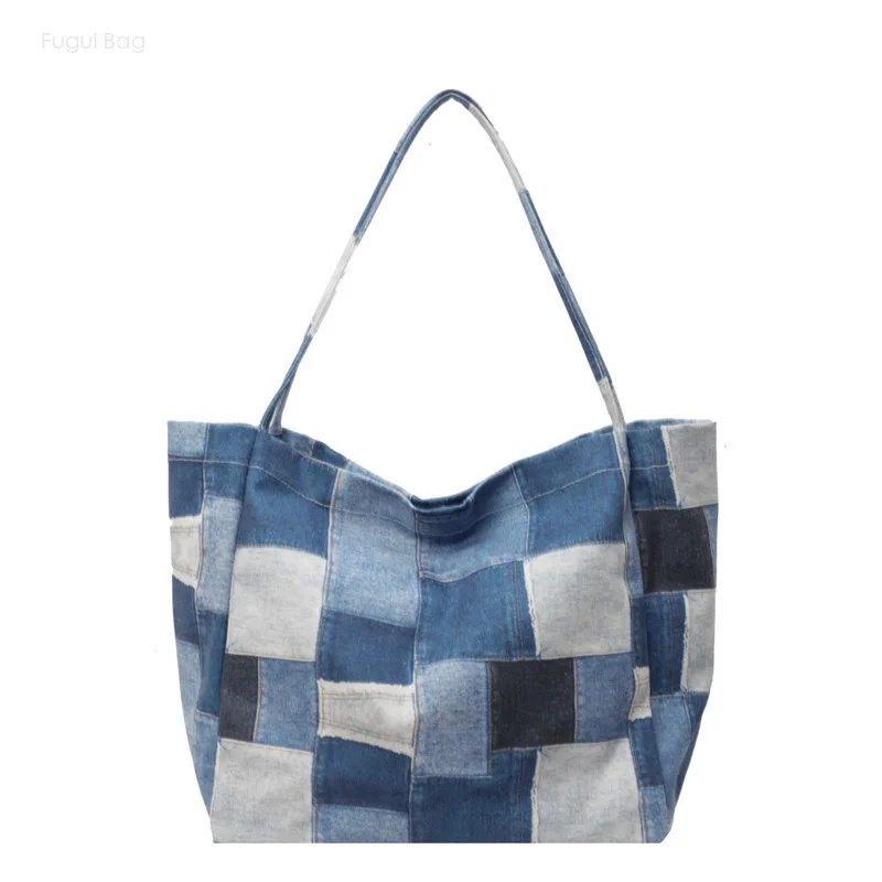 

Women's Handbag Single Shoulder Shopping Bag New Versatile Canvas Denim Large Capacity Casual Commuting Large Plaid