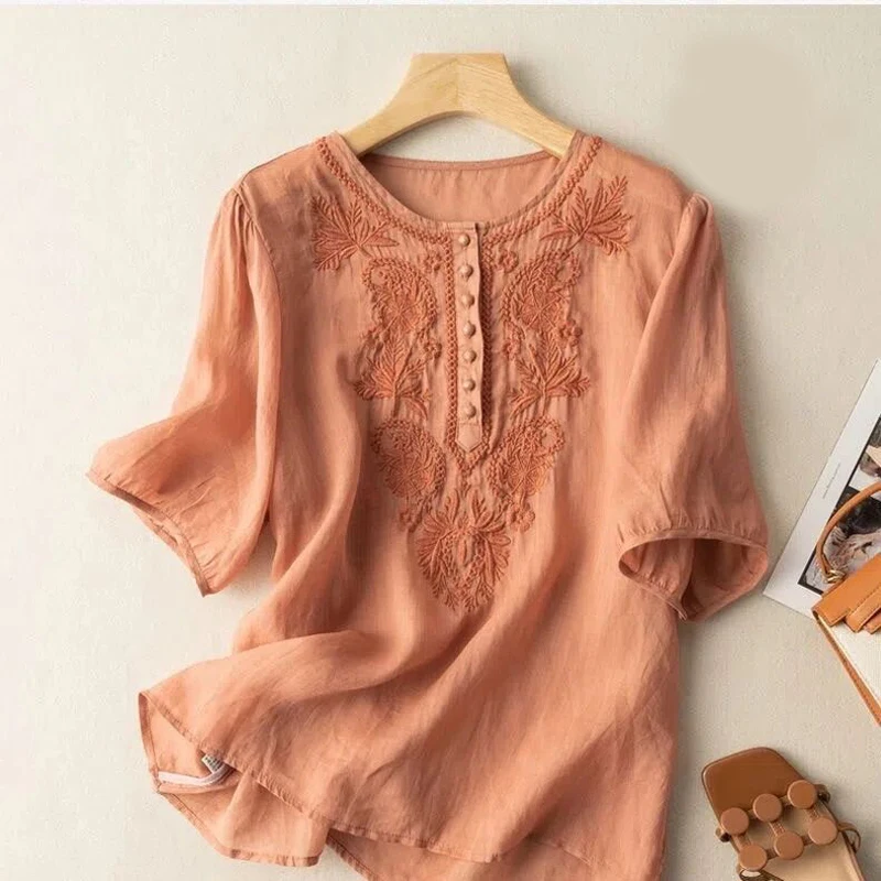 Cotton And Linen Embroidered Round Neck Short Sleeve Shirt Women's