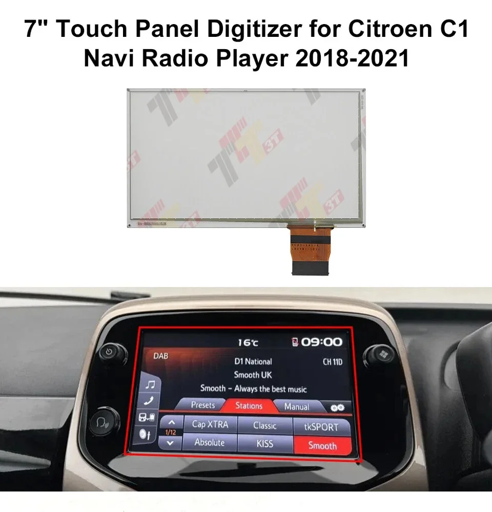 Toyota Aygo 및 Citroen C1 Peugeot 108 Navi 라디오 플레이어(2018-2022)용 7인치 터치 패널 디지타이저