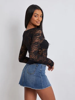 Women Crop Floral Lace Tops Long Sleeve Shirt Casual Pullovers for Club Streetwear Aesthetic Grunge Clothes 3