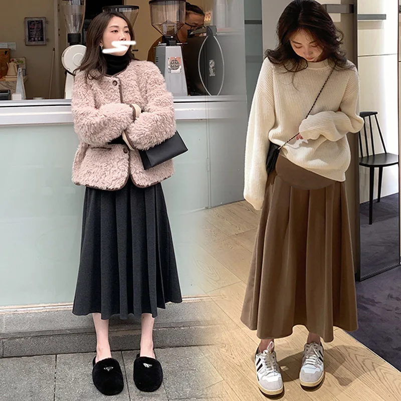 3351# Autumn Winter Fashion Pleated Woolen Maternity Skirts Elastic Waist Belly Loose Clothes for Pregnant Women Pregnancy