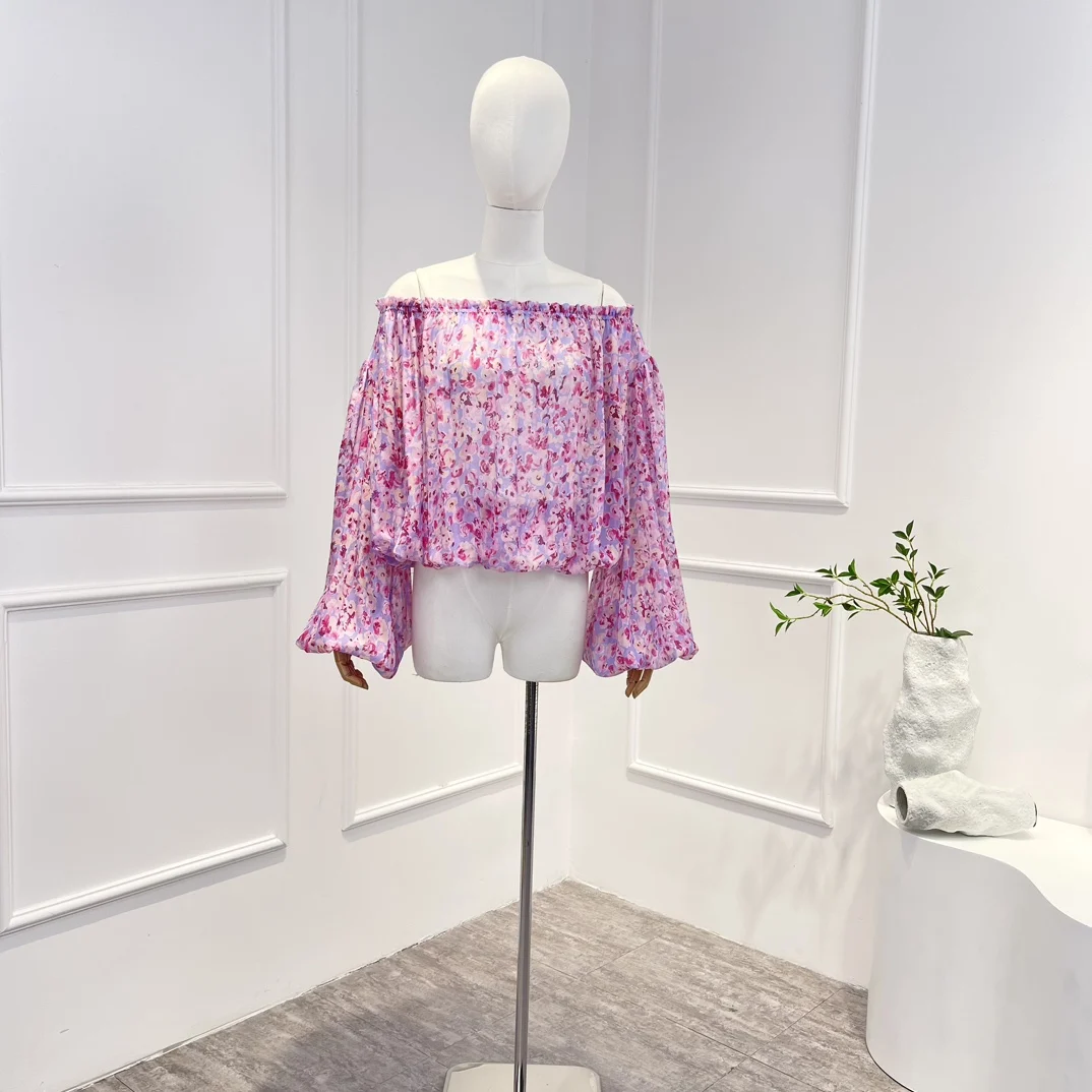 High quality 2023 Spring Summer Silk Pink Floral Printing Elastic Long Lantern Sleeve Woman Vintage Casual Top