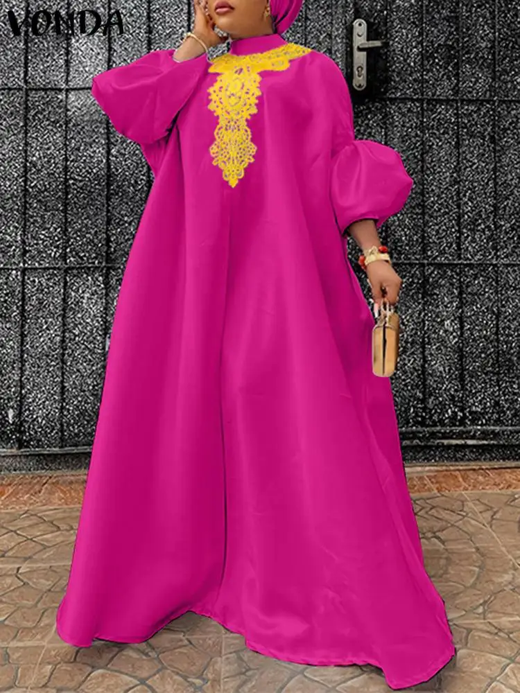 

2024 VONDA богемный женский сарафан, Осеннее Макси-Платье, кружевное лоскутное платье с длинным рукавом-фонариком, Vestidos, повседневное свободное плиссированное платье