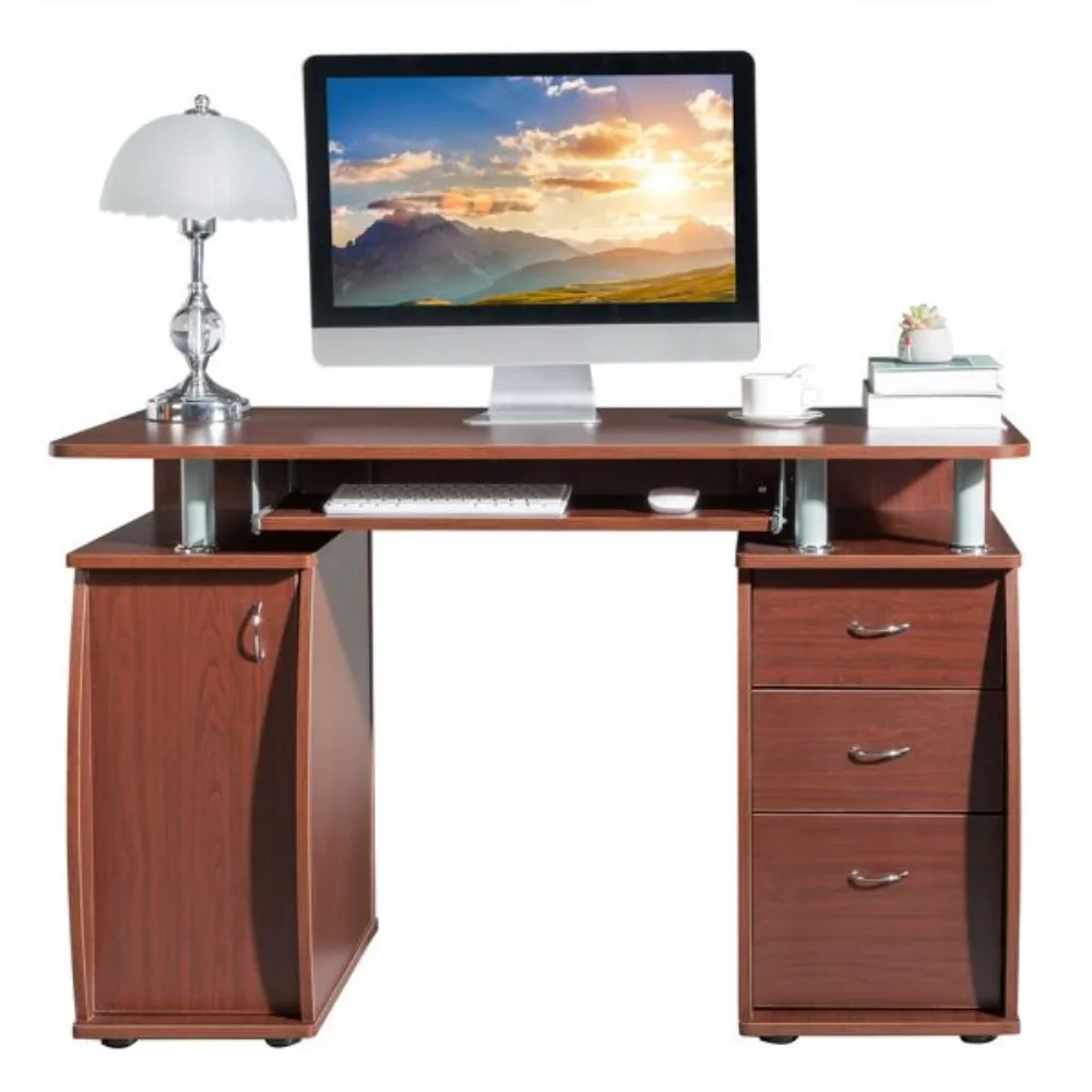 Computer Desks,115* 55*74cm 15mm MDF Portable 1pc Door with 3pcs Drawers Computer Desk (A Box) Coffee Color 2