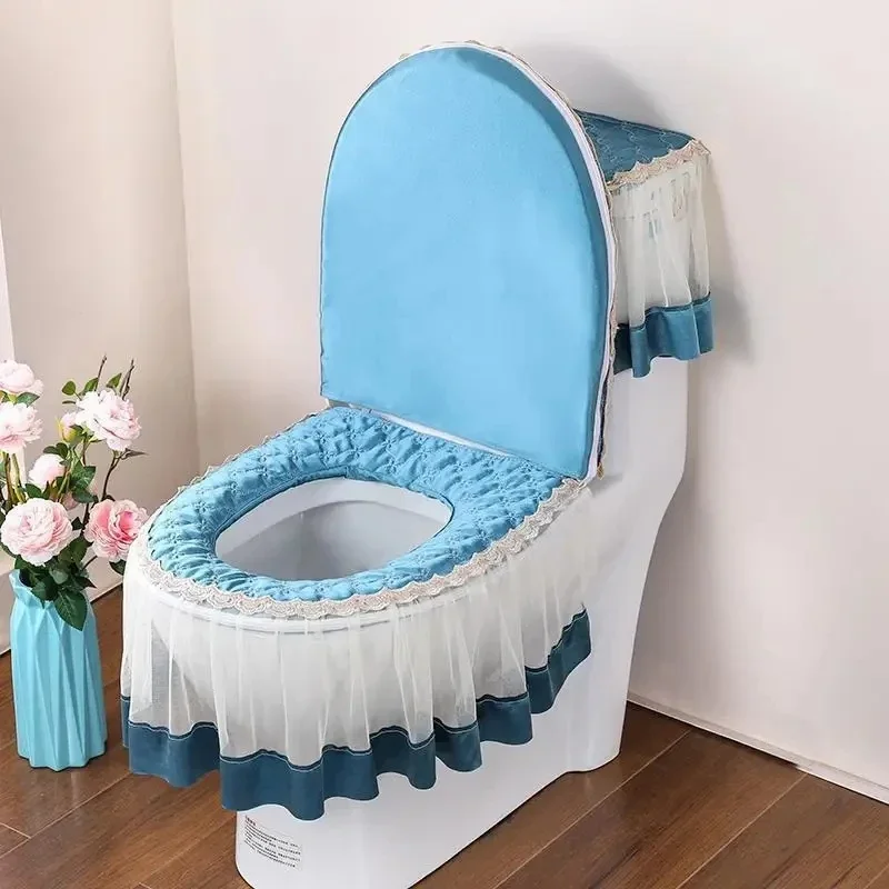 3 Pcs Set European Style Toilet Mat toilet seat cover toilet mat toilet mat set Four Seasons Universal Dust-proof Toilet Cover Zippered Lace Hem Ring Covers