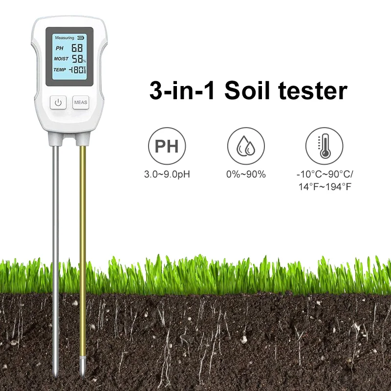 3 in1 Soil Tester PH/Moisture/Temp Digital LCD Meter Heat-resistant Metal Sensor Humidity Monitor for Flower Plants Gardening