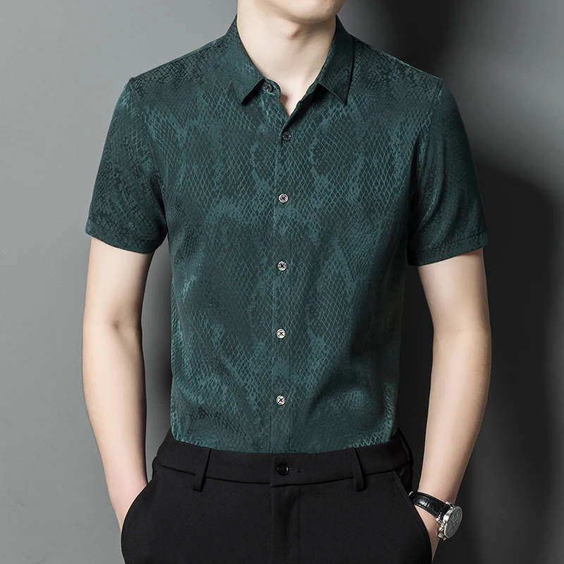 

Designer Seamless Silk Men Shirt Short Sleeve Serpentine Vintage Summer Fashion Quality Soft Comfortable Casual Camisa Masculina