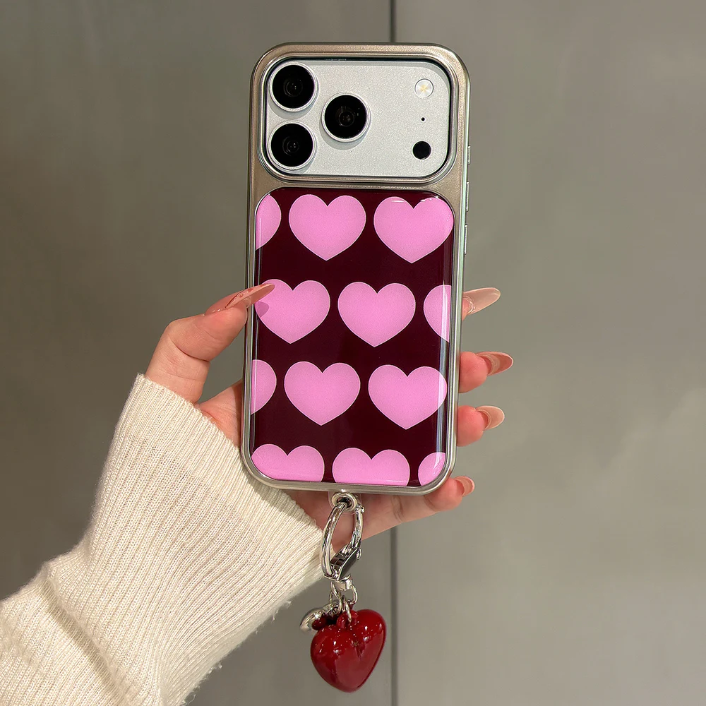 Chic Pink Love Heart Wine Red Hard Plastic Phone Case with Electroplated Frame and Drip Glue Back Cover