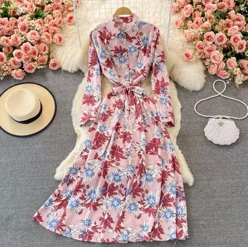 

Chiffon Print Lapel Dress Women's 2022 Autumn New Korean Version Long-sleeved Bandage Waist Slim Elegant Dress Casual Long Dress