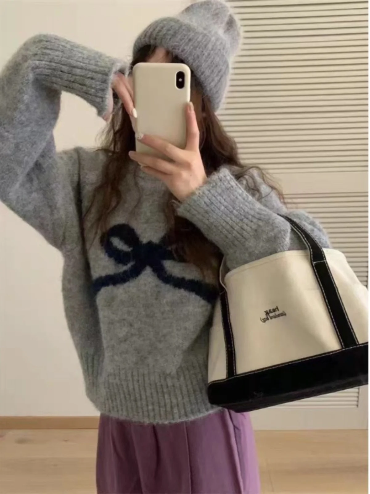 Sweet Spring Autumn Knitted Sweater Women's Overhead Long Sve  Knot Top Korean Sle Small Size Versatile Loose Fit