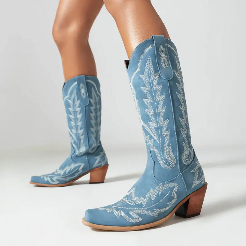 

Big Size 34-48 Blue Embroidery Stitching Pointed Toe Wide Calves Knee-high Western Cowboy Womens Boots Winter Chunky Heels Shoes