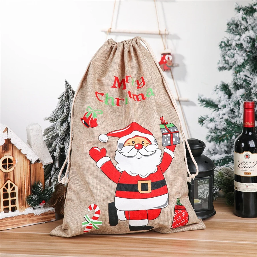 Grand sac cadeau de Noël en lin avec poche à cordes, sacs de