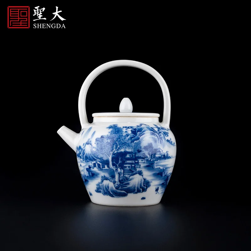 Сине-белая имитация обжига Kangxi, ландшафтный подъемный горшок, все расписанные вручную высококачественный чайный набор Цзиндэчжэнь, чайный горшок