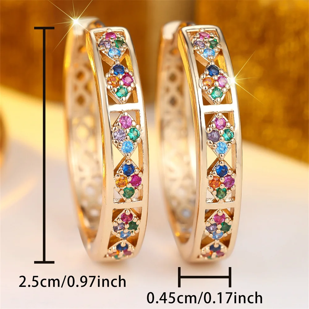 Multicolor Small Round Stone Rainbow Zircon Hoop Earrings For Women Vintage Gold Color Ear Buckle Wedding Jewelry Valentine Gift