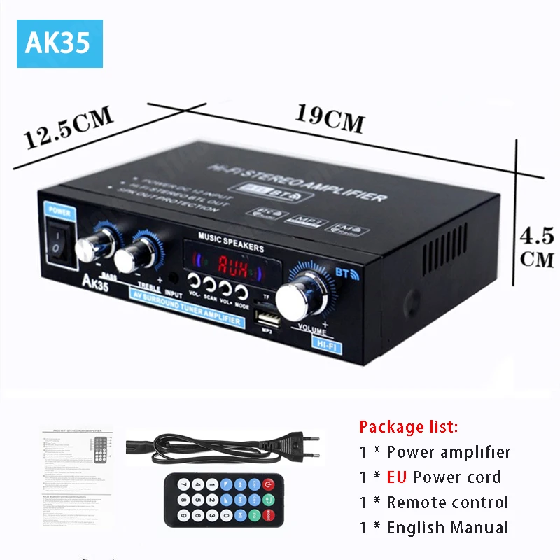 Bluetooth Digital Amplifier with HiFi Stereo Sound and FM/USB/Remote Control