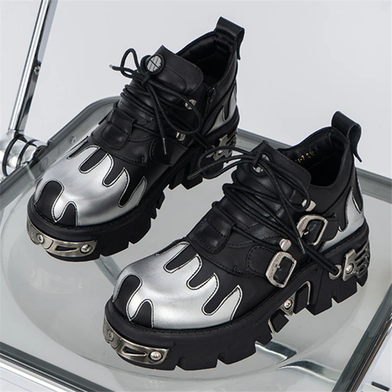 

Кожаные туфли с вышивкой в виде пламени для влюбленных, женские туфли-лодочки на толстой подошве, туфли-лодочки в стиле ретро, готика, мужские кожаные туфли на толстом каблуке, черные туфли на толстой подошве