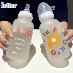 Chupete de flores bonitas para bebé, botella de agua con pajita, botellas de agua transparentes esmeriladas para niñas, vasos para beber sin BPA para niños