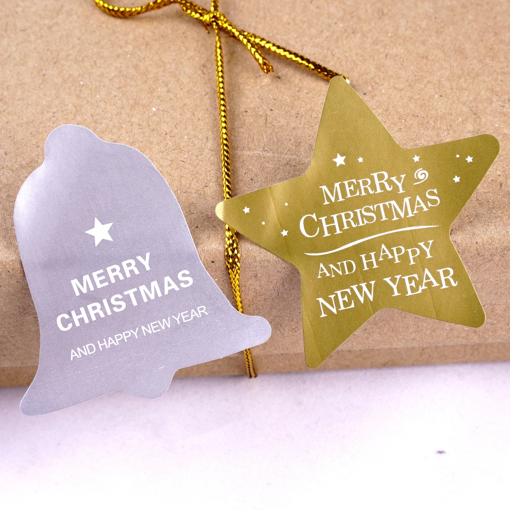 

Gold Silver Stars And Bell Merry Christmas Stickers Cup Gift Box Sealing Sticker Baking Package Cake Box Decoration 80Pcs