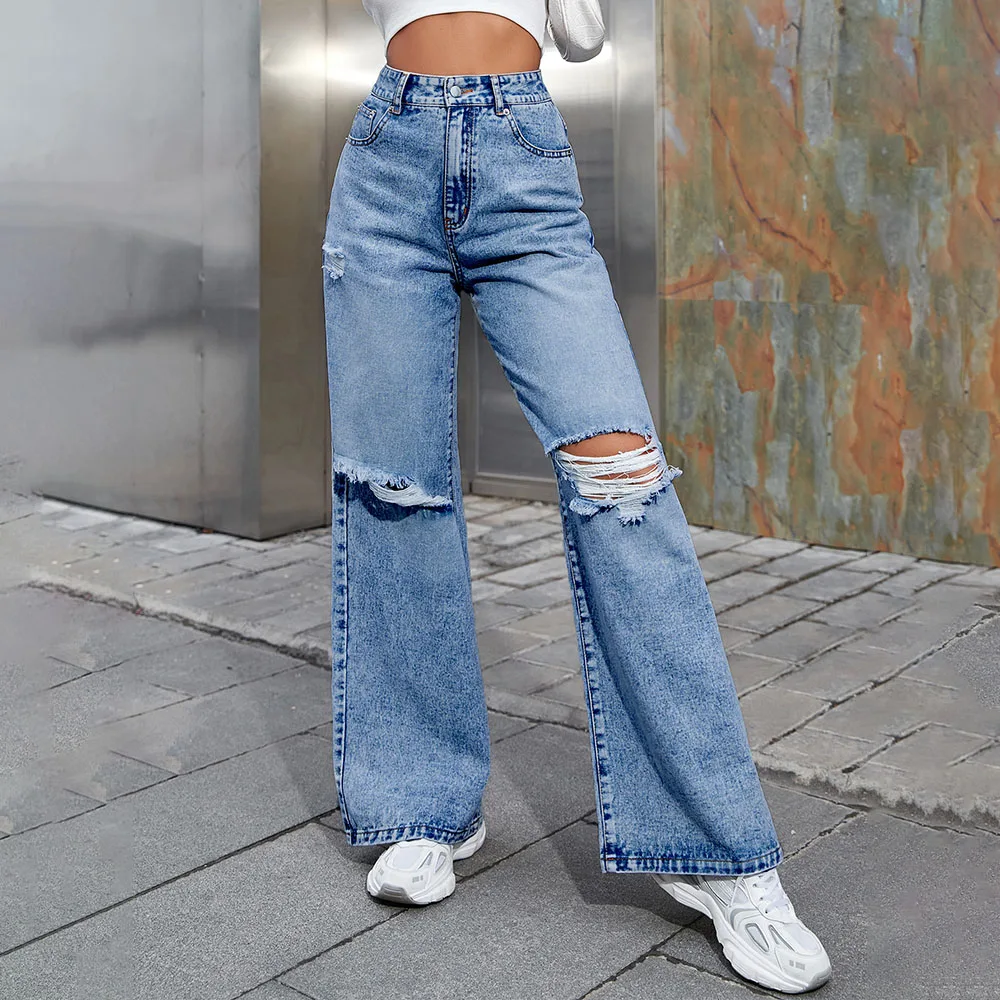Pbong  Womens Y2K Ripped Wide-Leg Jeans Heart Shaped Print Loose Fit Trousers Button Low Waist Denim Long Pants with Pockets main image 1