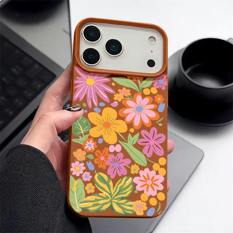 Vibrant Cartoon Flowers Shockproof Leather Texture Silicone Phone Case