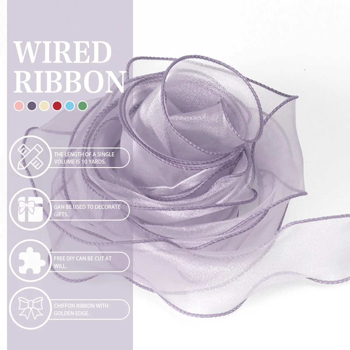 4CM*1M Sheer Wired Organza Ribbons with Golden Edge Chiffon Ribbon for DIY Gift Wrapping Wedding Bouquet Christmas Decoration