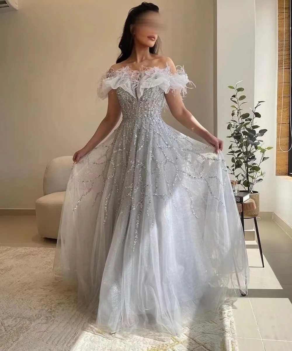 

Fashionvane Bateau Neck Prom Dresses Feathers Beaded Luxury Pageant Party Long Tulle Elegant Formal Evening Gown A Line Vestidos