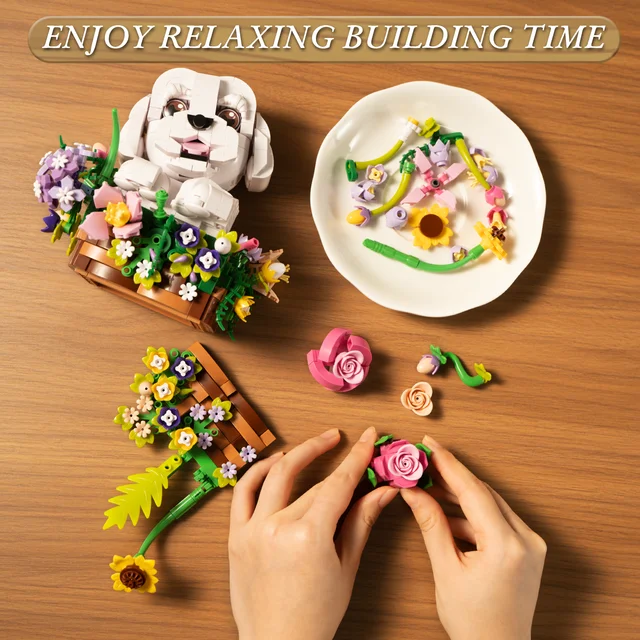 Adorable Dogs Bouquet Succulent Building Blocks Set Dogs Artificial Flowers Bonsai Creative Plants and Animals Toys for Kids