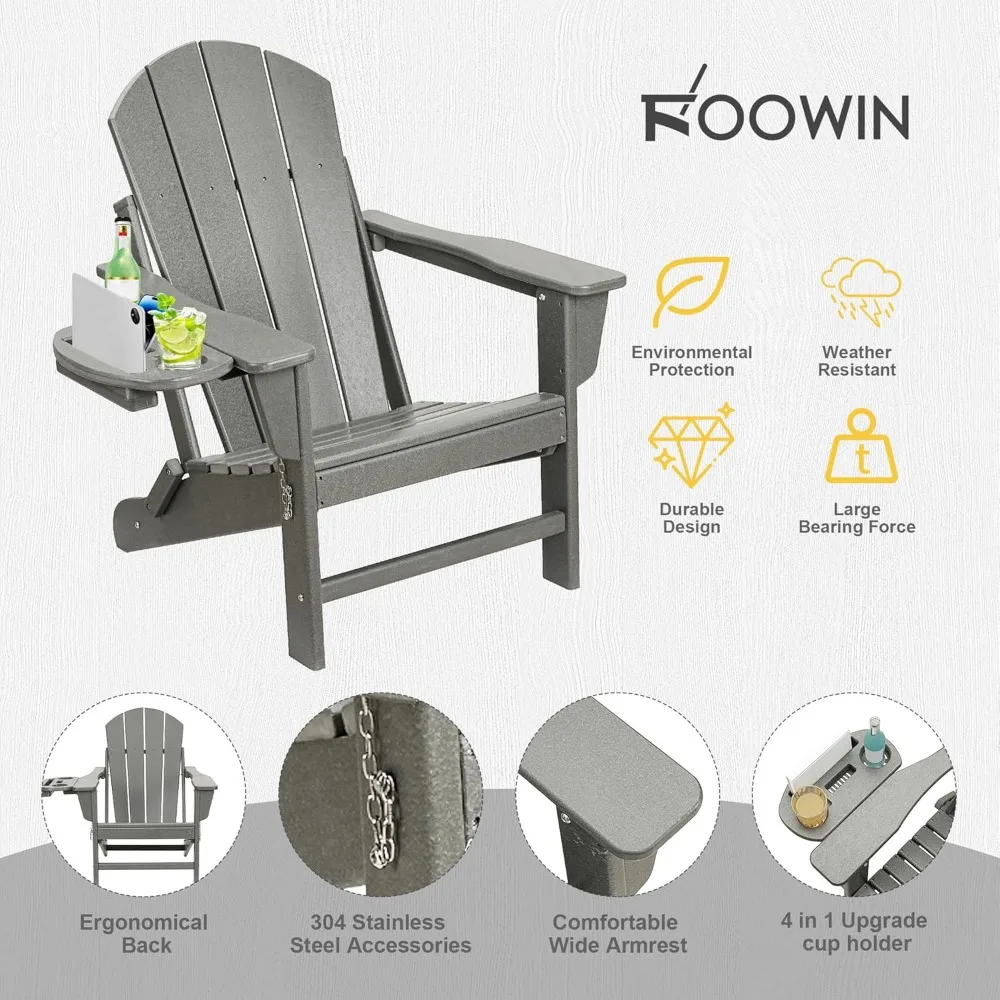 Adirondack Chair Set of HDPE Folding Adirondack Chair w/4 in 1 Cup Holder Trays,Weather Resistant Outdoor Chair, 6